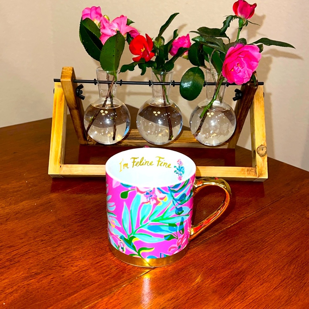 Lilly Pulitzer "I'm Feline Fine" Mug Size 4.5"L × 3.25"W × 3.4"H
Color Pink/Gold